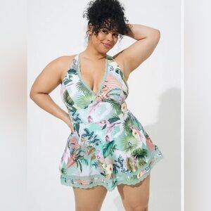 Torrid | Cream Green Pink Tropical V Neck Swim Dress